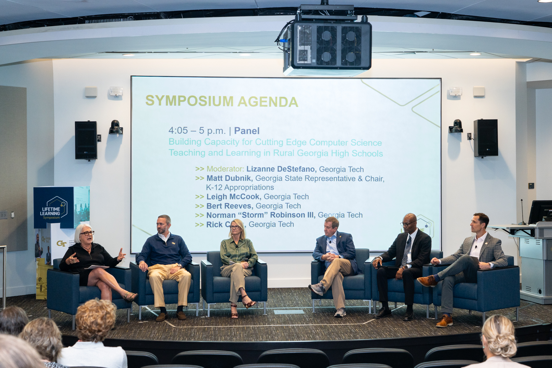 Moderator Lizanne DeStefano with panelists Georgia Rep. Matt Dubnik, Leigh McCook, Bert Reeves, Norman "Storm" Robinson III, and Rick Clark.
