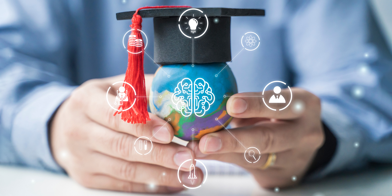graphic image of globe with a diploma showing connectivity over a man's hands